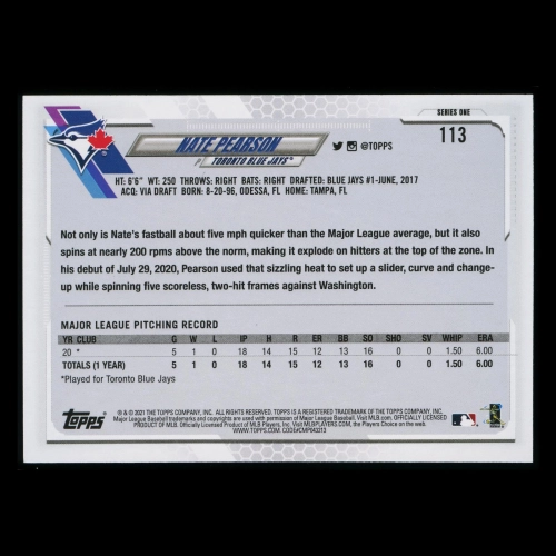 Nate Pearson RC 2021 Topps Rookie Blue Jays
