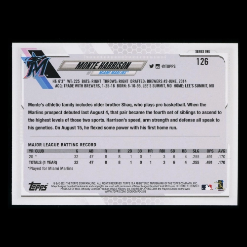 Monte Harrison RC 2021 Topps Rookie Marlins
