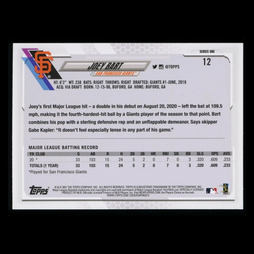 Joey Bart RC 2021 Topps Rookie Giants