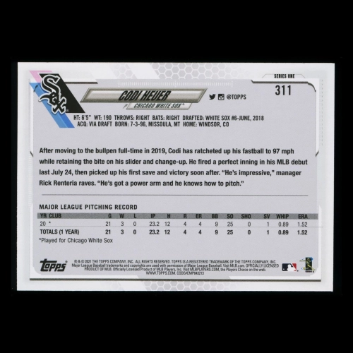 Codi Heuer RC 2021 Topps Rookie White Sox