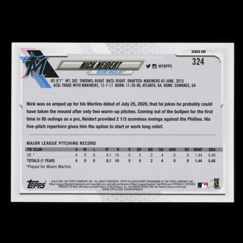 Nick Neidert RC 2021 Topps Rookie Marlins