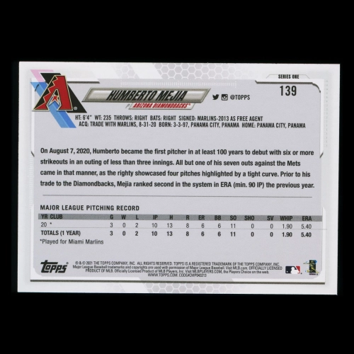 Humberto Mejia RC 2021 Topps Rookie Diamondbacks