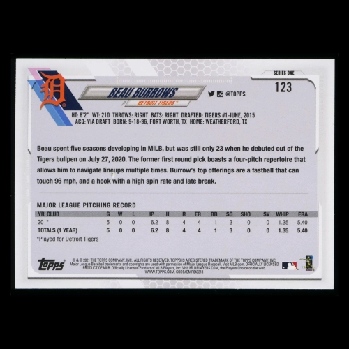 Beau Burrows RC 2021 Topps Rookie Tigers