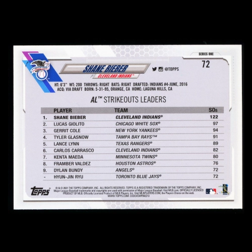Shane Bieber 2021 Topps League Leaders Indians