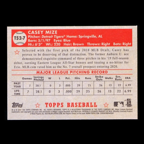 Casey Mize RC 2021 Topps '52 Retro Rookie Tigers