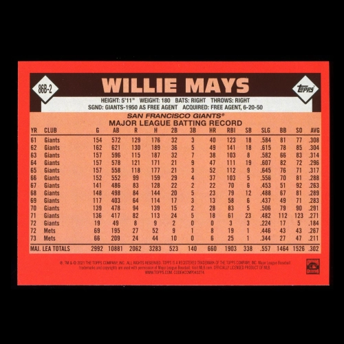 Willie Mays 2021 Topps 1986 Retro Giants