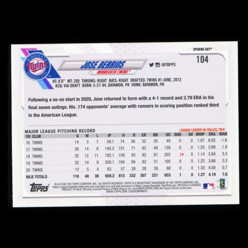 Jose Berrios 2021 Topps Opening Day April 1, 2021 Blue Foil Twins