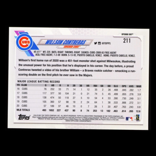 Willson Contreras 2021 Topps Opening Day April 1, 2021 Blue Foil Cubs