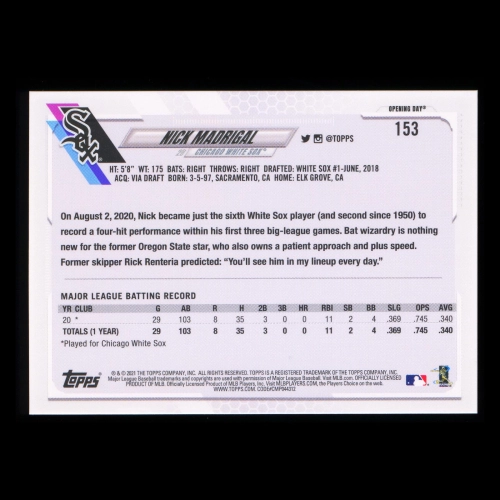 Nick Madrigal RC 2021 Topps Opening Day April 1, 2021 Blue Foil White Sox