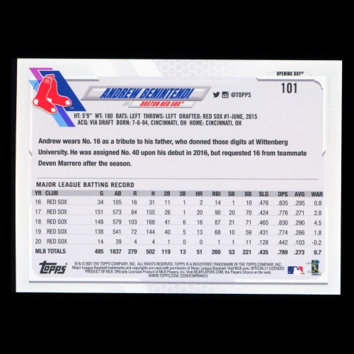 Andrew Benintendi 2021 Topps Opening Day April 1, 2021 Blue Foil Red Sox