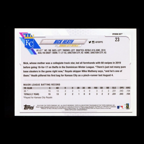 Nick Heath RC 2021 Topps Opening Day Rookie Royals