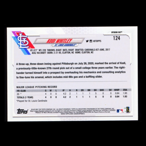 Kodi Whitley RC 2021 Topps Opening Day Rookie Cardinals