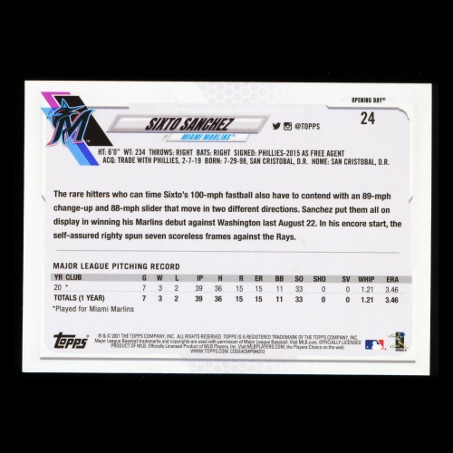 Sixto Sanchez RC 2021 Topps Opening Day Rookie Marlins