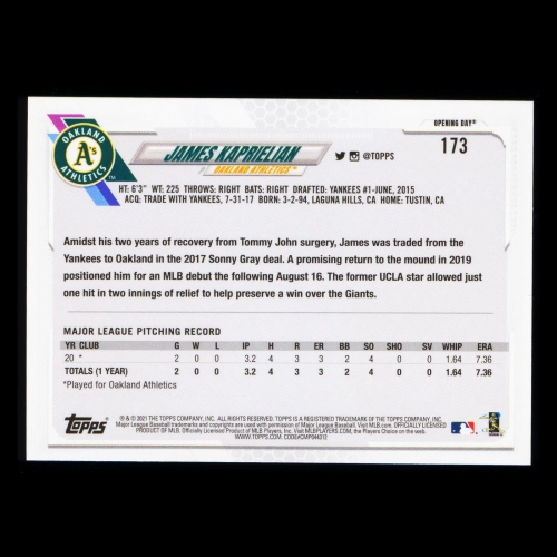 James Kaprielian RC 2021 Topps Opening Day Rookie Athletics