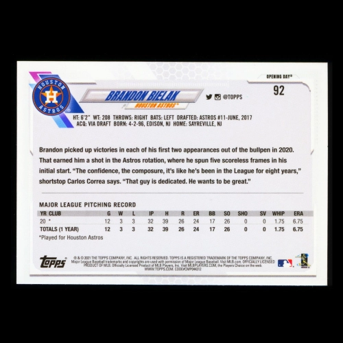 Brandon Bielak RC 2021 Topps Opening Day Rookie Astros