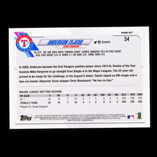 Anderson Tejeda RC 2021 Topps Opening Day Rookie Rangers