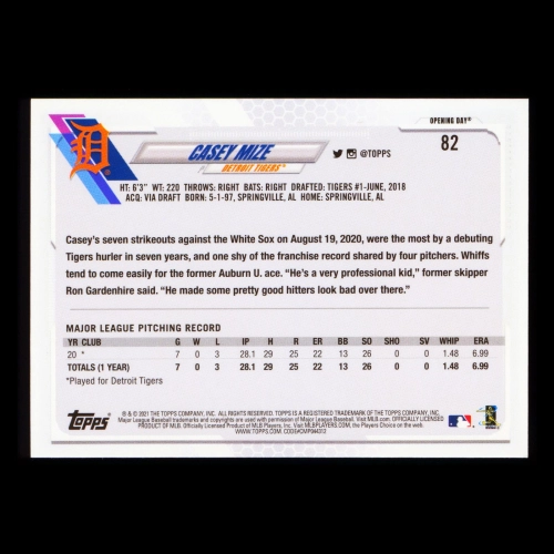 Casey Mize RC 2021 Topps Opening Day Rookie Tigers