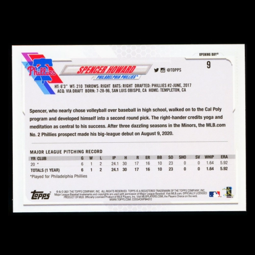 Spencer Howard RC 2021 Topps Opening Day Rookie Phillies