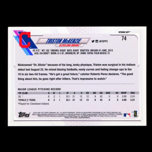 Triston McKenzie RC 2021 Topps Opening Day Rookie Indians