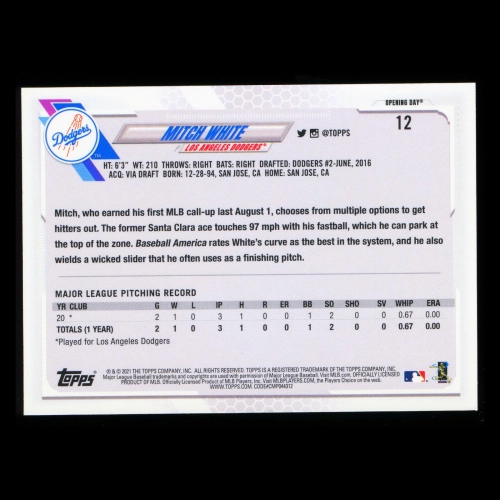 Mitch White RC 2021 Topps Opening Day Rookie Dodgers
