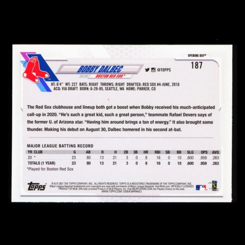 Bobby Dalbec RC 2021 Topps Opening Day Rookie Red Sox