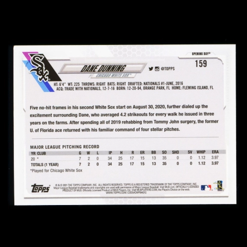Dane Dunning RC 2021 Topps Opening Day Rookie White Sox