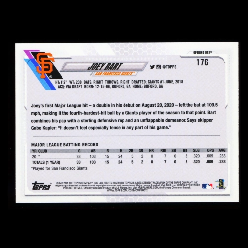 Joey Bart RC 2021 Topps Opening Day Rookie Giants