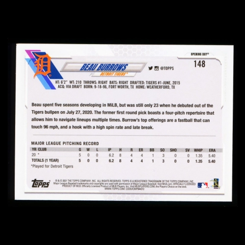 Beau Burrows RC 2021 Topps Opening Day Rookie Tigers