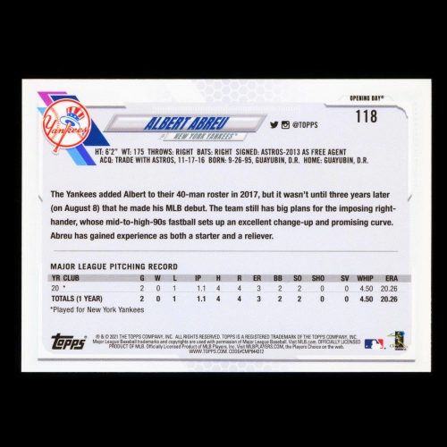 Albert Abreu RC 2021 Topps Opening Day Rookie Yankees