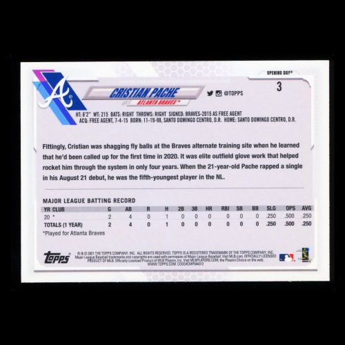 Cristian Pache RC 2021 Topps Opening Day Rookie Braves