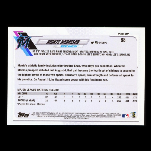 Monte Harrison RC 2021 Topps Opening Day Rookie Marlins
