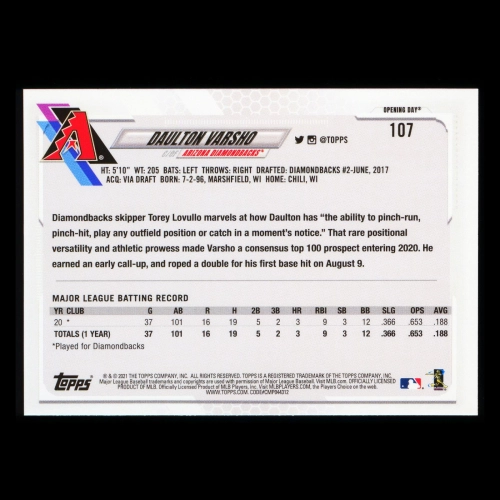 Daulton Varsho RC 2021 Topps Opening Day Rookie Diamondbacks