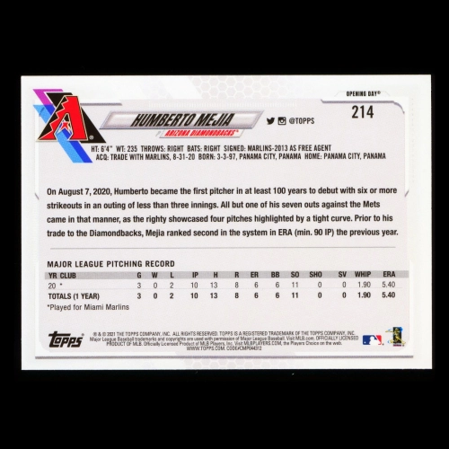 Humberto Mejia RC 2021 Topps Opening Day Rookie Diamondbacks