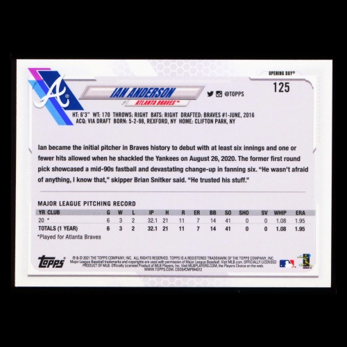 Ian Anderson RC 2021 Topps Opening Day Rookie Braves