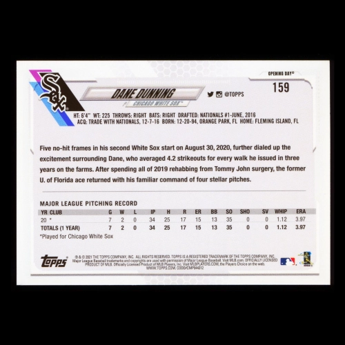 Dane Dunning RC 2021 Topps Opening Day Rookie White Sox