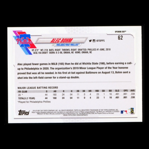 Alec Bohm RC 2021 Topps Opening Day All-Star Rookie Phillies