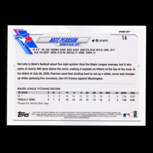 Nate Pearson RC 2021 Topps Opening Day Rookie Blue Jays