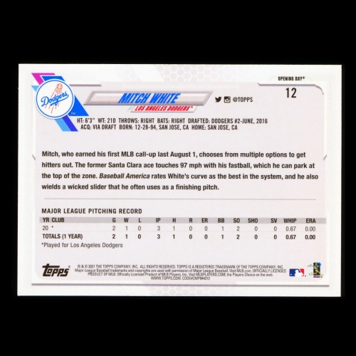 Mitch White RC 2021 Topps Opening Day Rookie Dodgers