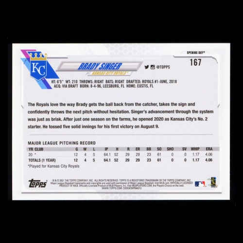 Brady Singer RC 2021 Topps Opening Day Rookie Royals