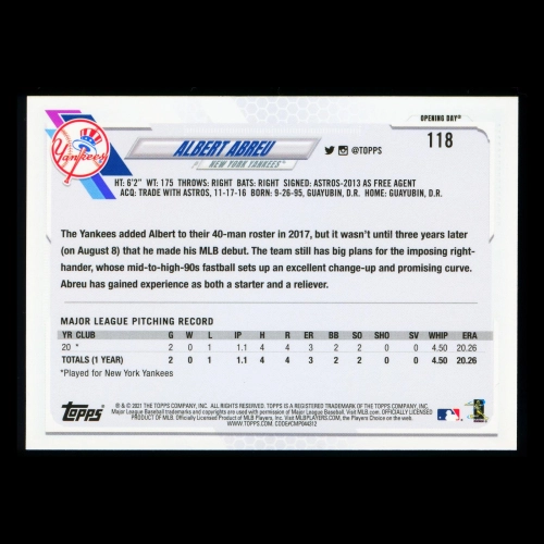 Albert Abreu RC 2021 Topps Opening Day Rookie Yankees