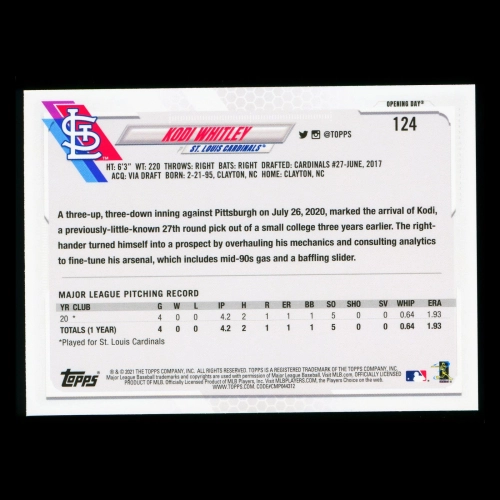 Kodi Whitley RC 2021 Topps Opening Day Rookie Cardinals