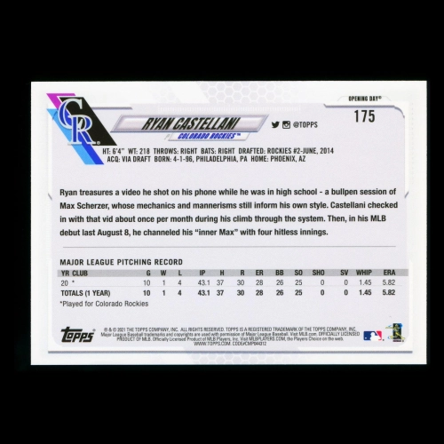Ryan Castellani RC 2021 Topps Opening Day Rookie Rockies
