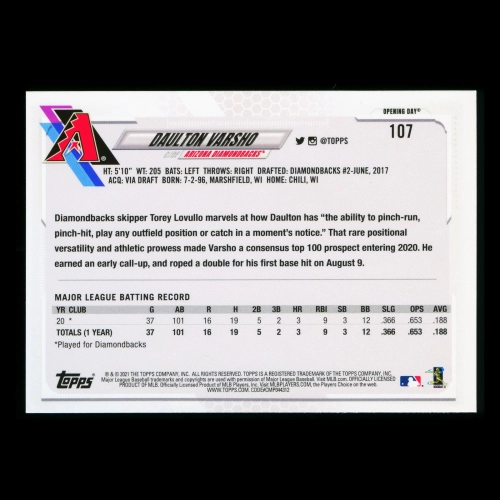 Daulton Varsho RC 2021 Topps Opening Day Rookie Diamondbacks