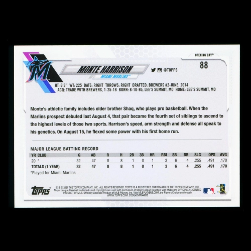 Monte Harrison RC 2021 Topps Opening Day Rookie Marlins