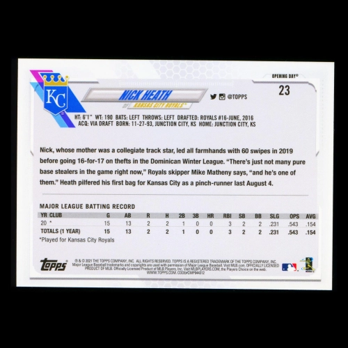 Nick Heath RC 2021 Topps Opening Day Rookie Royals
