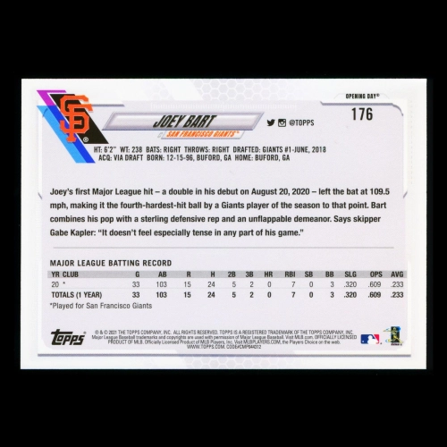 Joey Bart RC 2021 Topps Opening Day Rookie Giants