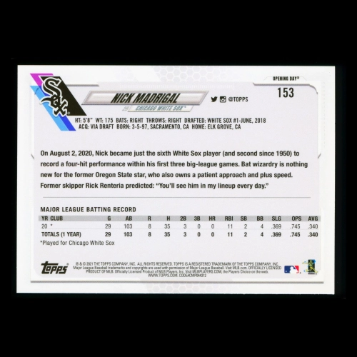 Nick Madrigal RC 2021 Topps Opening Day Rookie White Sox