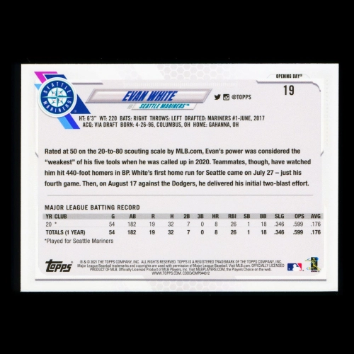 Evan White RC 2021 Topps Opening Day Rooke Mariners