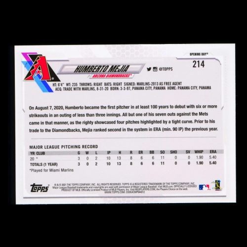 Humberto Mejia RC 2021 Topps Opening Day Rookie Diamondbacks