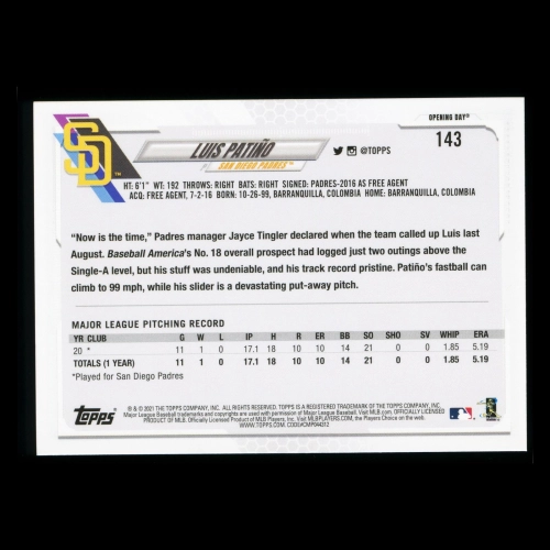 Luis Patino RC 2021 Topps Opening Day Rookie Padres